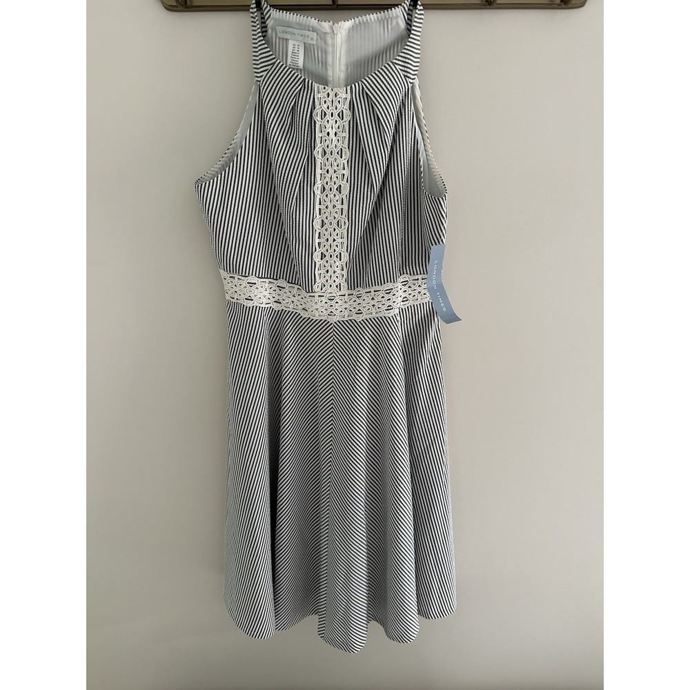 London Times Grey White Striped Lace Fit & Flare Dress High Neck Size 10